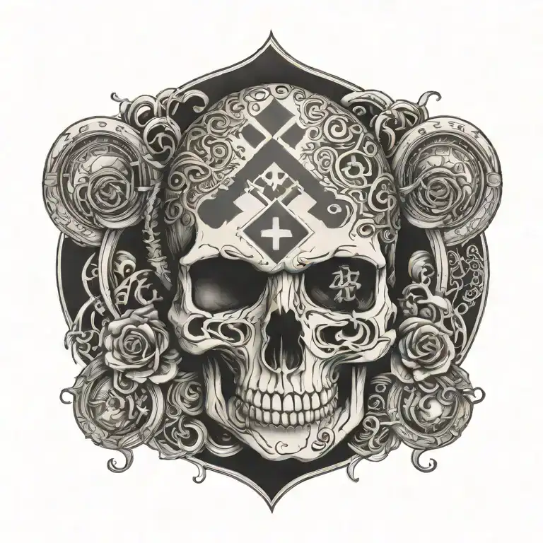 A paramedic symbol intertwined with Romani symbols and a skull motif tattoo design idea