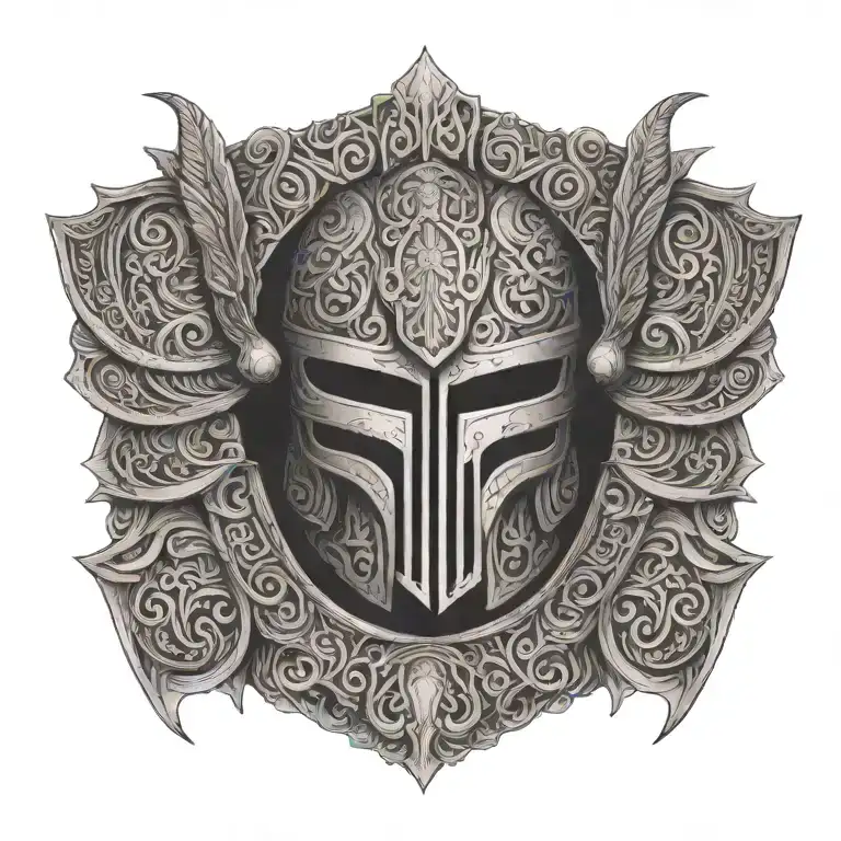 An intricate design featuring Roman soldier armor with Maori patterns and skeletal elements tattoo design idea