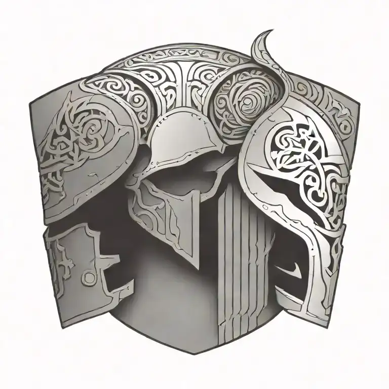 An intricate design featuring Roman soldier armor with Maori patterns and skeletal elements tattoo design idea