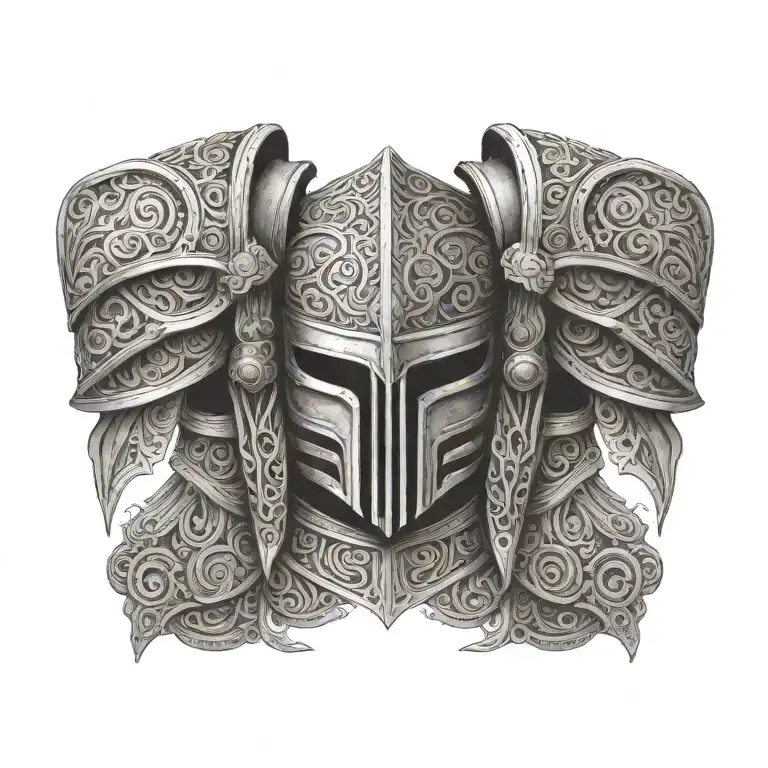 An intricate design featuring Roman soldier armor with Maori patterns and skeletal elements tattoo design idea