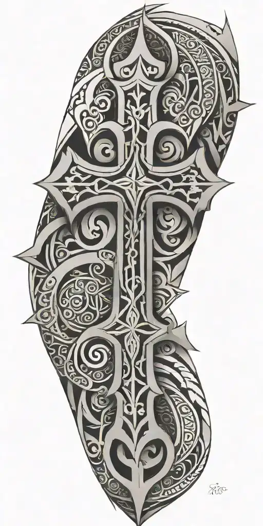 A knight's cross adorned with Maori-inspired geometric patterns tattoo design idea