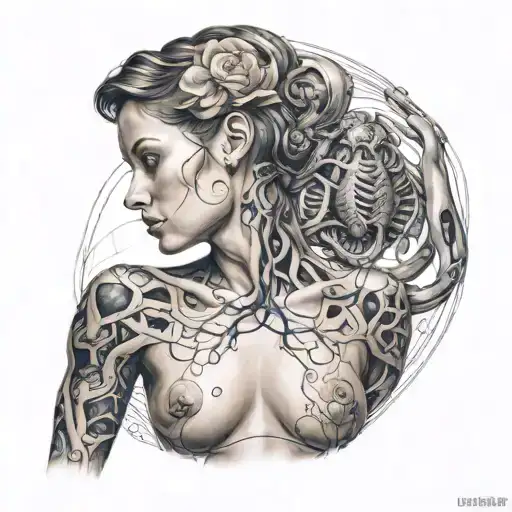 A realistic portrait of a nude figure intertwined with abstract representations of sexual organs tattoo design idea