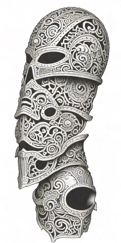 An intricate design featuring Roman soldier armor with Maori patterns and skeletal elements tattoo design idea