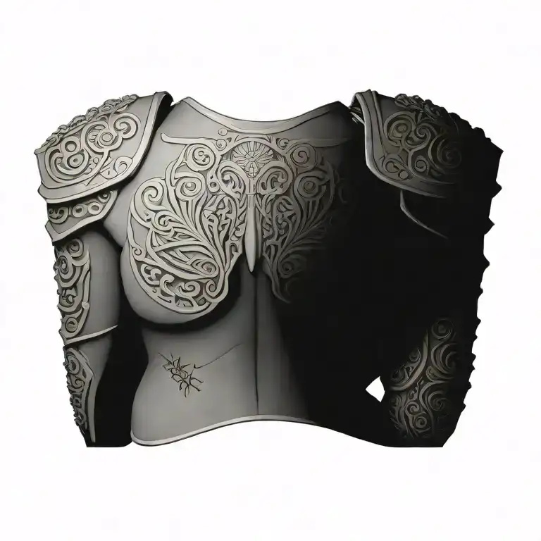 An intricate design featuring Roman soldier armor with Maori patterns and skeletal elements tattoo design idea