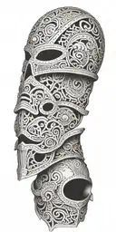 An intricate design featuring Roman soldier armor with Maori patterns and skeletal elements tattoo design idea