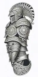 An intricate design featuring Roman soldier armor with Maori patterns and skeletal elements tattoo design idea
