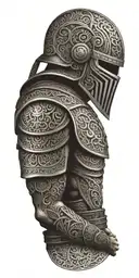 An intricate design featuring Roman soldier armor with Maori patterns and skeletal elements tattoo design idea