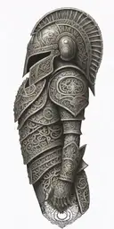 An intricate design featuring Roman soldier armor with Maori patterns and skeletal elements tattoo design idea
