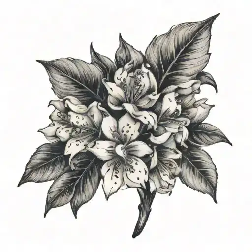 black grey mountain laurel bouquet no stem close up tattoo design idea
