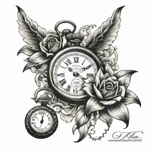 remembrance tattoo including pocket watch surround by Lilly's  tattoo design idea