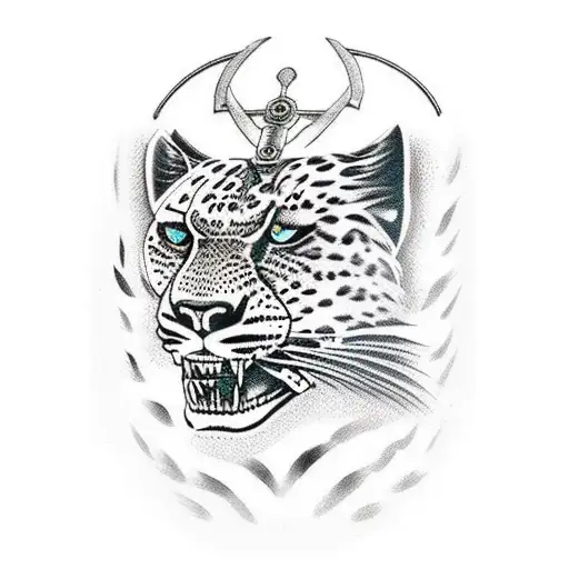 front facing leopard head wearing a fully decorated samurai helmet with two battle axes crossed beneath the mouth tattoo design idea