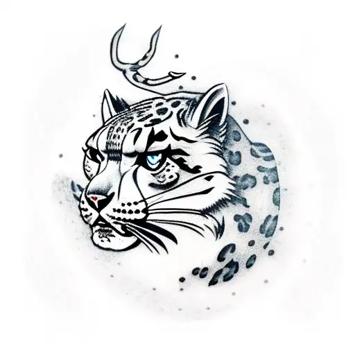 snow leopard wearing samurai helmet tattoo design idea