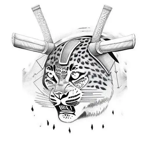 front facing leopard head wearing a full decorated samurai helmet with two battle axes crossed beneath the head tattoo design idea