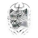 front facing leopard head wearing a fully decorated samurai helmet with two battle axes crossed beneath the mouth tattoo design idea