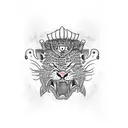 front facing leopard head wearing a fully decorated samurai helmet with two battle axes crossed beneath the mouth tattoo design idea