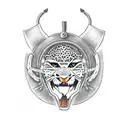 front facing leopard head wearing a fully decorated samurai helmet with two battle axes crossed beneath the mouth tattoo design idea