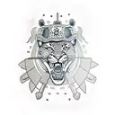 front facing leopard head wearing a fully decorated samurai helmet with two battle axes crossed beneath the mouth tattoo design idea