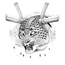 front facing leopard head wearing a full decorated samurai helmet with two battle axes crossed beneath the head tattoo design idea