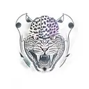 front facing leopard head wearing a full decorated samurai helmet with two battle axes crossed beneath the head tattoo design idea