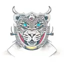front facing leopard head wearing a full decorated samurai helmet with two battle axes crossed beneath the head tattoo design idea