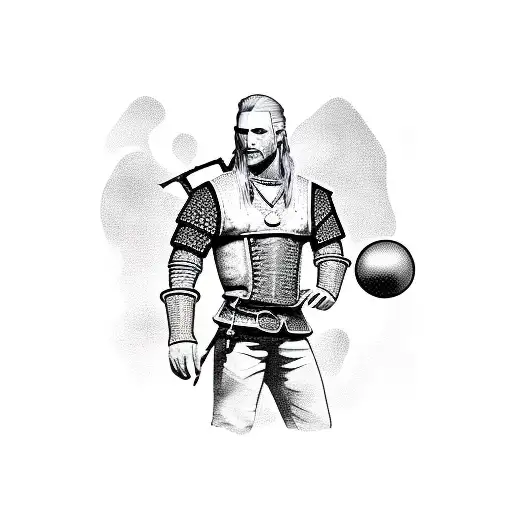 witcher with a ball in his hands. computer in the background tattoo design idea