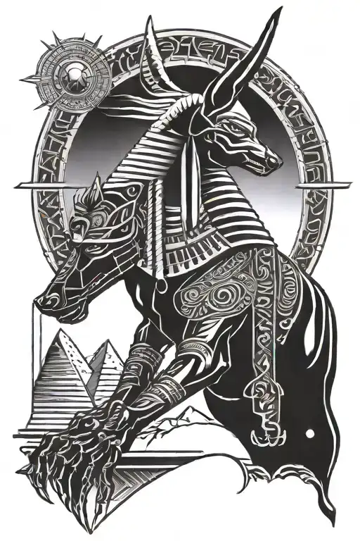 the egyptian god anubis, with the pyramids and the sun in the background. also incorporates the egyptian ankh and the ey tattoo design idea