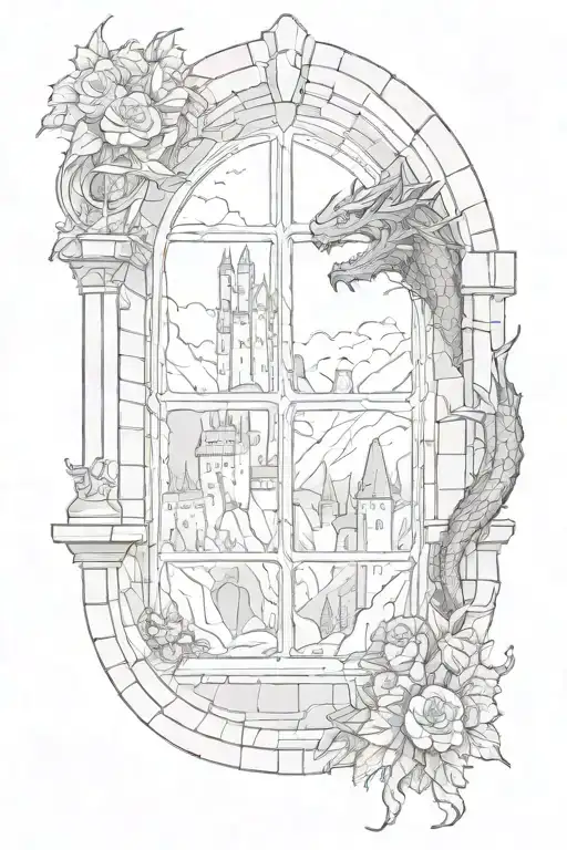 castle window with fantasy landscape and and dragon  tattoo design idea