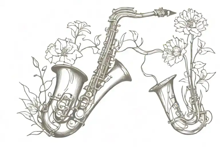 saxophone overgrown with flowers  tattoo design idea
