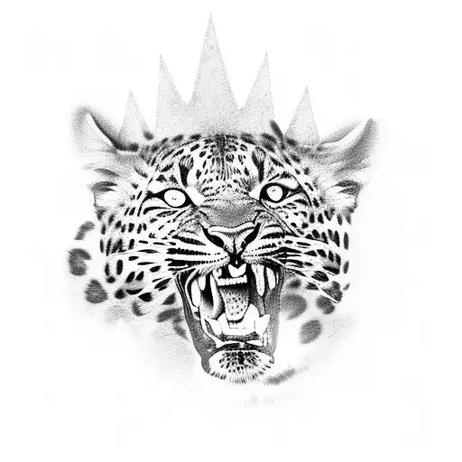 leopard leaping attacking a king looking away, attacking, fangs, claws, very detailed, professional photography  tattoo design idea