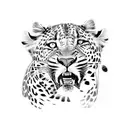 leopard leaping attacking a king looking away, attacking, fangs, claws, very detailed, professional photography  tattoo design idea