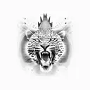 leopard leaping attacking a king looking away, attacking, fangs, claws, very detailed, professional photography  tattoo design idea
