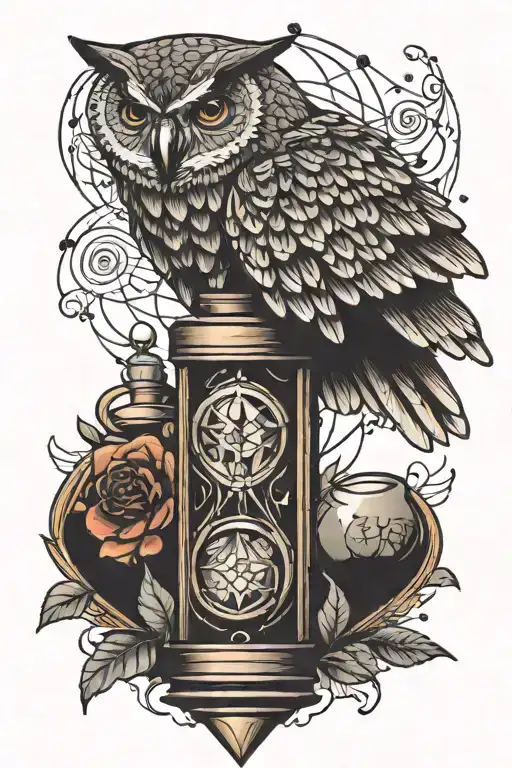 A traditional style tattoo of a magical owl flying over a love potion bottle tattoo design idea