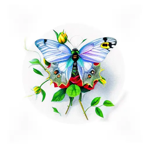 red rose with green butterfly and bumblebee  tattoo design idea