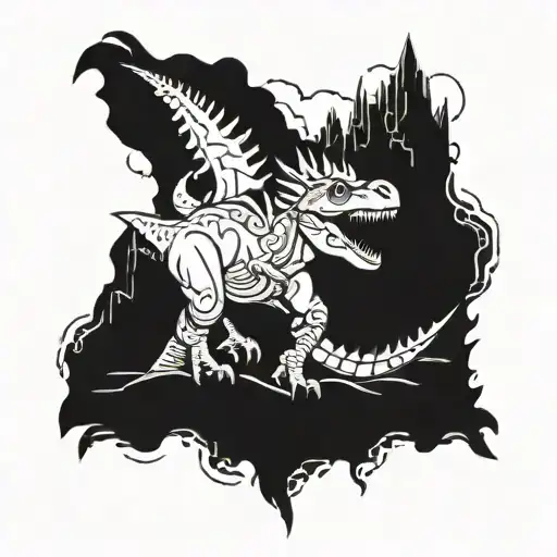 A witchy dinosaur emerging from nordic ruins tattoo design idea