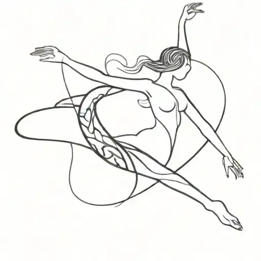 A minimalist tattoo featuring a dancer in a fluid pose, with elements of snakes and symbols of KSD and Felk incorporated into the design, reflecting the client's diverse interests and passions. tattoo design idea