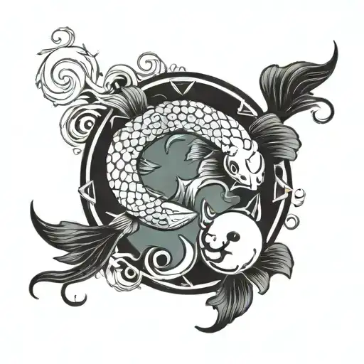 scorpio sign surround by ying yang koi fish in waves tattoo design idea