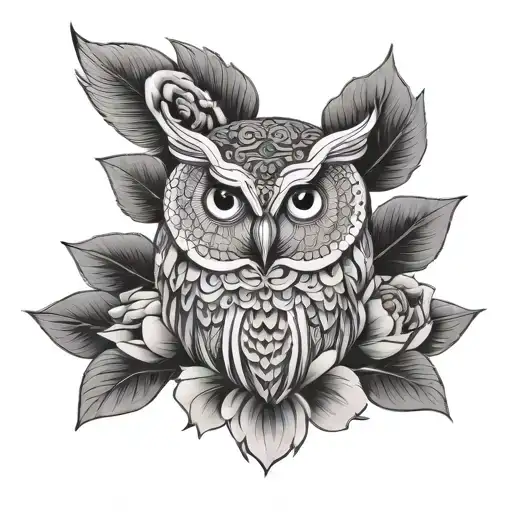 owl mandala peony flowers tattoo design idea