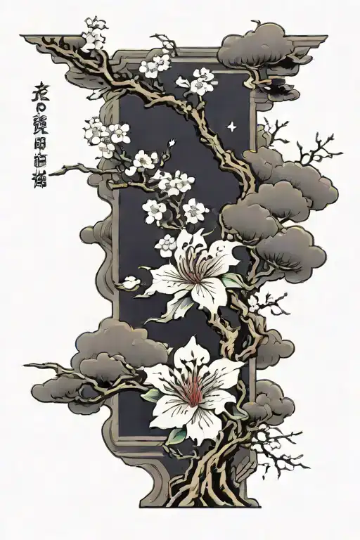 sleeve with a Japanese cloud at shoulder height, accompanied by cherry trees and flowers similar to lilies tattoo design idea