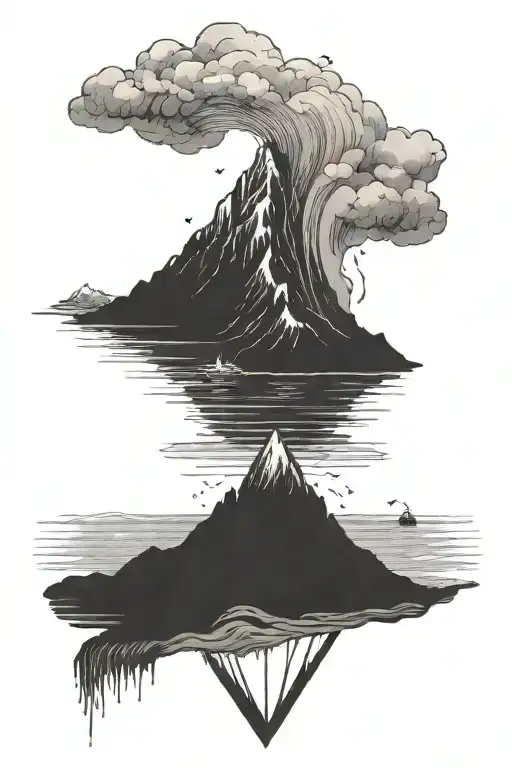 stick and poke box tattoo with mountain on left side and ocean on right side with a road in the middle of them that stop tattoo design idea