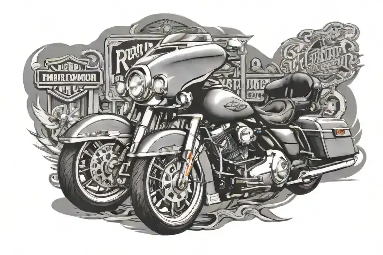 Route 66 Harley Davidson Street Glide motorcycle surrounded tattoo design idea