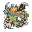 A tattoo design of a football field surrounded by curious animals, symbolizing your love for football and nature exploration tattoo design idea