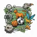 A tattoo design of a football field surrounded by curious animals, symbolizing your love for football and nature exploration tattoo design idea