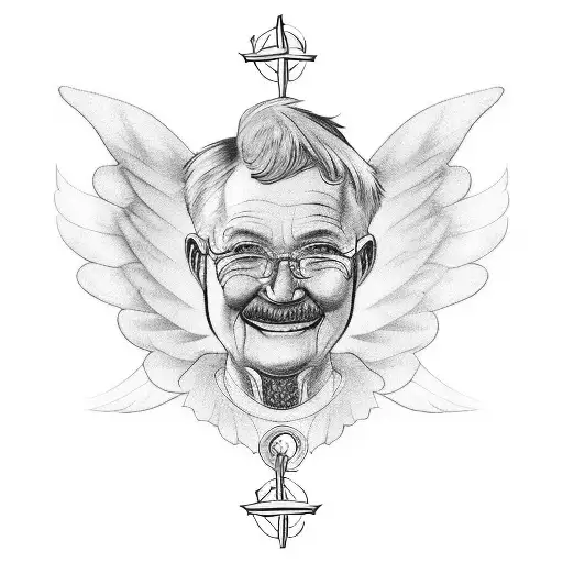 A portrait tattoo of a wise and loving grandparent, surrounded by angelic wings and a halo, symbolizing their role as a guiding force in your life tattoo design idea
