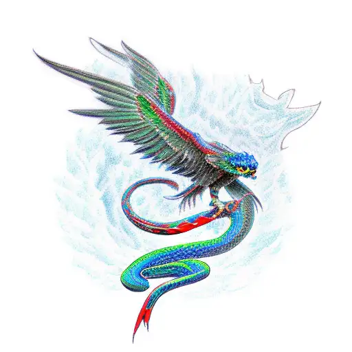 phoenix with red accents and a snake with green accents. the geass symbol hidden in the design in blue accents tattoo design idea