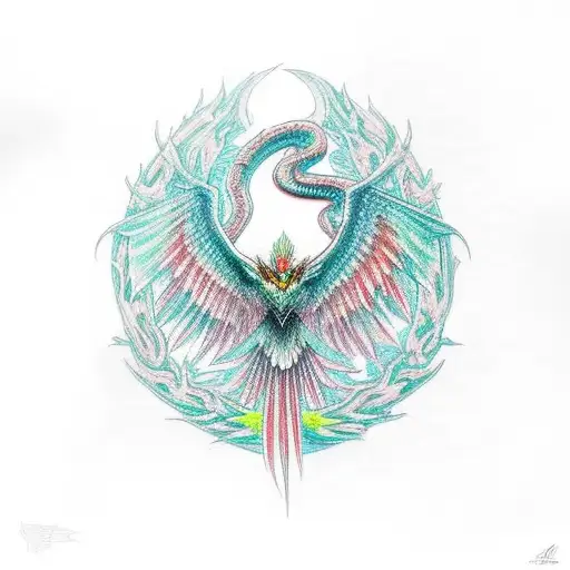 phoenix with red accents and a snake with green accents. the geass symbol hidden in the design in blue accents tattoo design idea