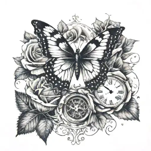 clock, roses, butterfly,  tattoo design idea