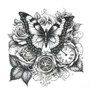 clock, roses, butterfly,  tattoo design idea