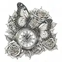 clock, roses, butterfly,  tattoo design idea