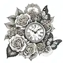 clock, roses, butterfly,  tattoo design idea