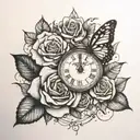 clock, roses, butterfly,  tattoo design idea
